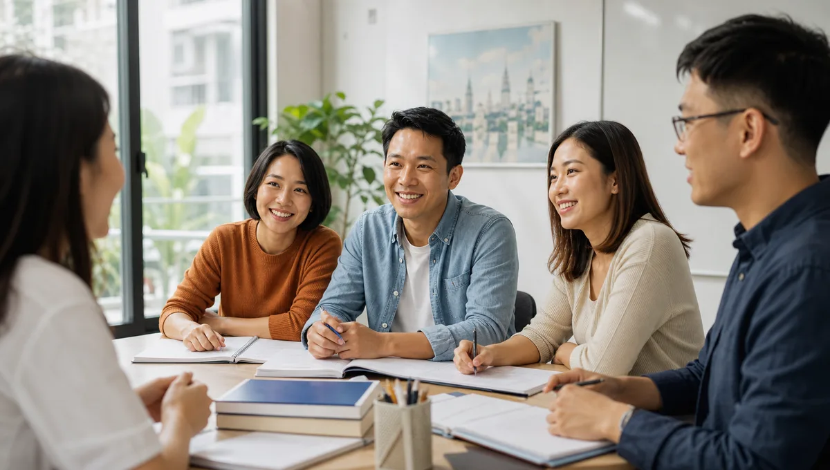 Adult students practising French in a small classroom group
